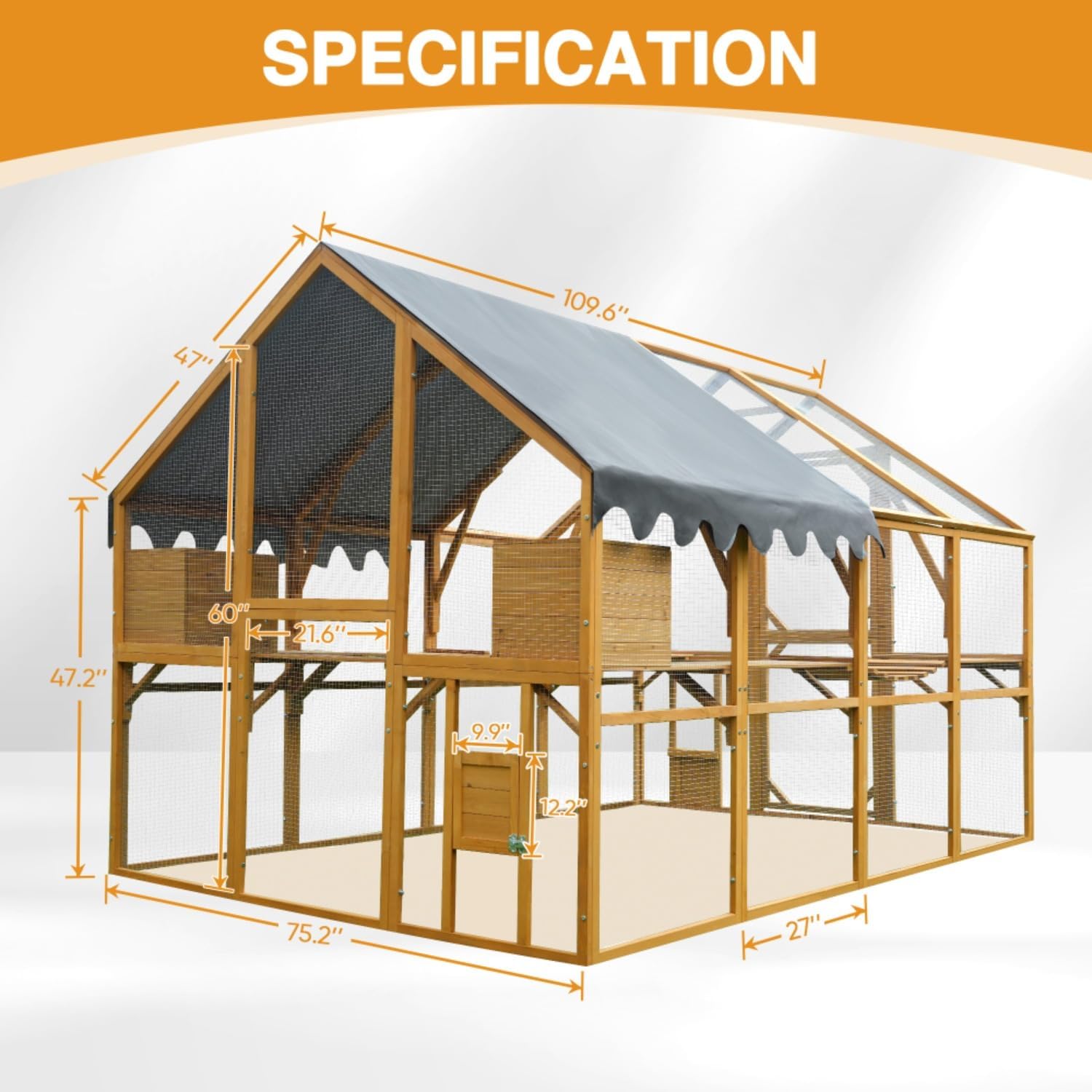 Walk-in Chicken Coop Outdoor with Waterproof Cover, 110" Large Cat Enclosure for Outdoor, Wooden Kitten Playpen with Galvanized Wire Mesh, 2 Small Doors & Safety Lock