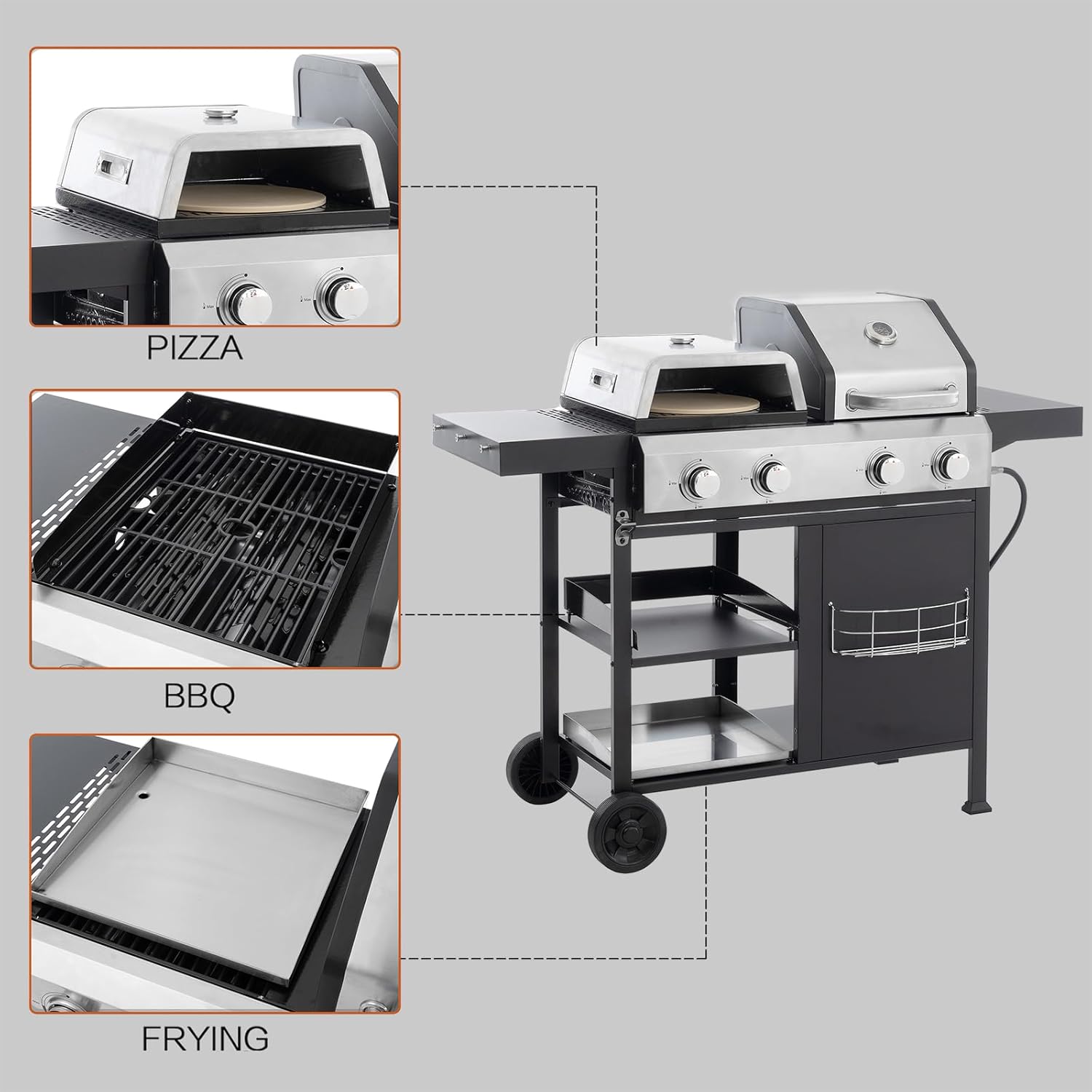 Endark 49,200 BTU 4-Burner Multi-Function Stainless Steel BBQ Grill - For Outdoor Cooking, Patio Backyard Barbecue, Camping - Griddle Combo for BBQ,FRYING and PIZZA