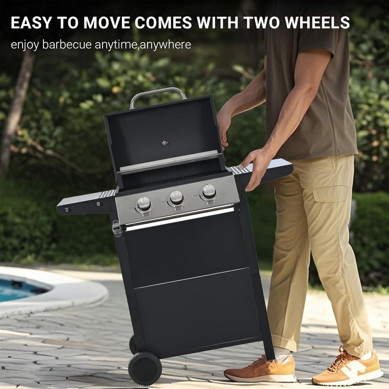 Endark 3-burner propane gas grill | 26,000 BTU stainless steel with enamel wire cooking grates and built-in thermometer | with side rack wheels | great for patio, garden, and outdoor cooking