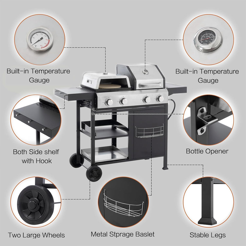 Endark 49,200 BTU 4-Burner Multi-Function Stainless Steel BBQ Grill - For Outdoor Cooking, Patio Backyard Barbecue, Camping - Griddle Combo for BBQ,FRYING and PIZZA