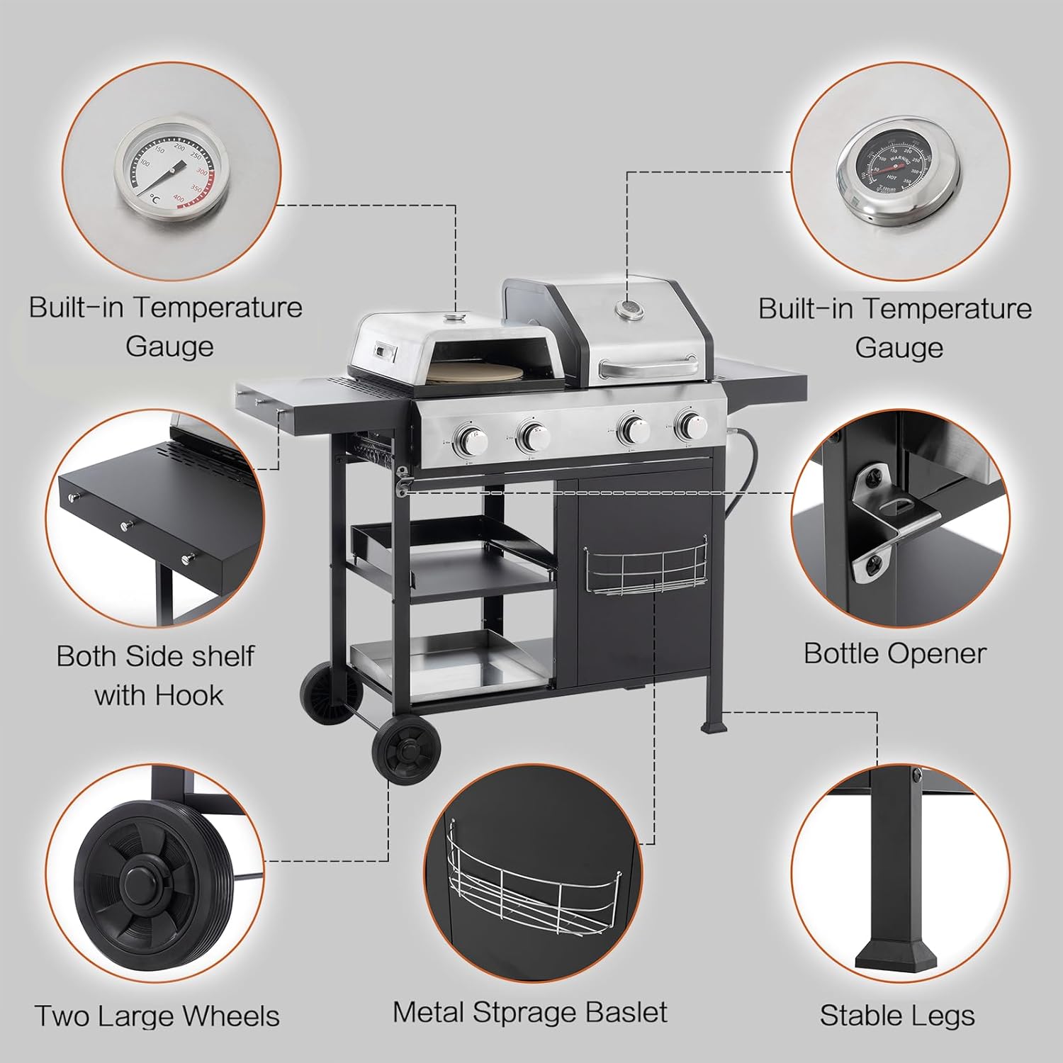 Endark 49,200 BTU 4-Burner Multi-Function Stainless Steel BBQ Grill - For Outdoor Cooking, Patio Backyard Barbecue, Camping - Griddle Combo for BBQ,FRYING and PIZZA