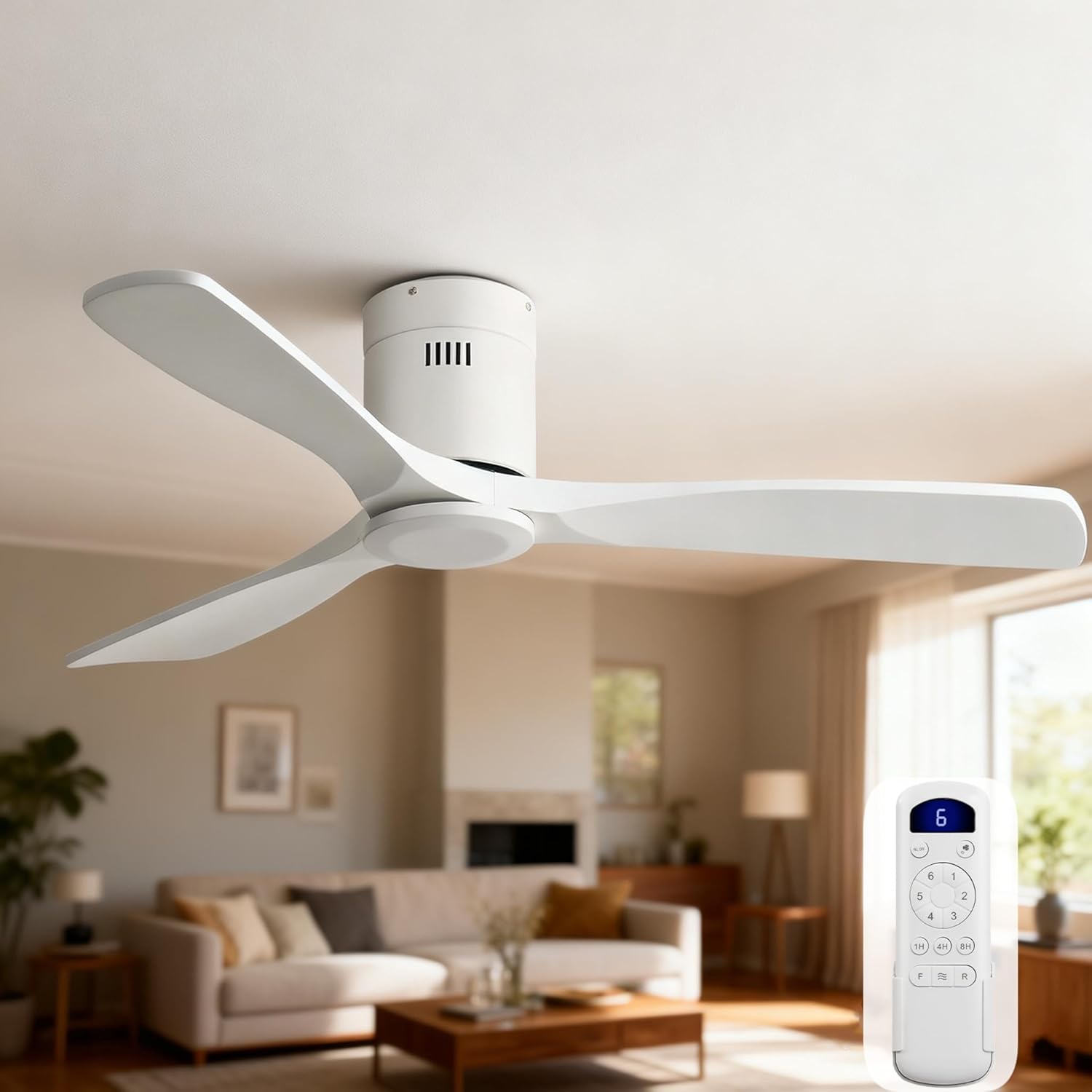 Sofucor Ceiling Fans with Lights 52 Inch Flush Mount Ceiling Fan with Remote Control, Wood Blades Modern Outdoor Ceiling Fans for Bedroom/Farmhouse/Patio/Indoor, Quiet DC Motor