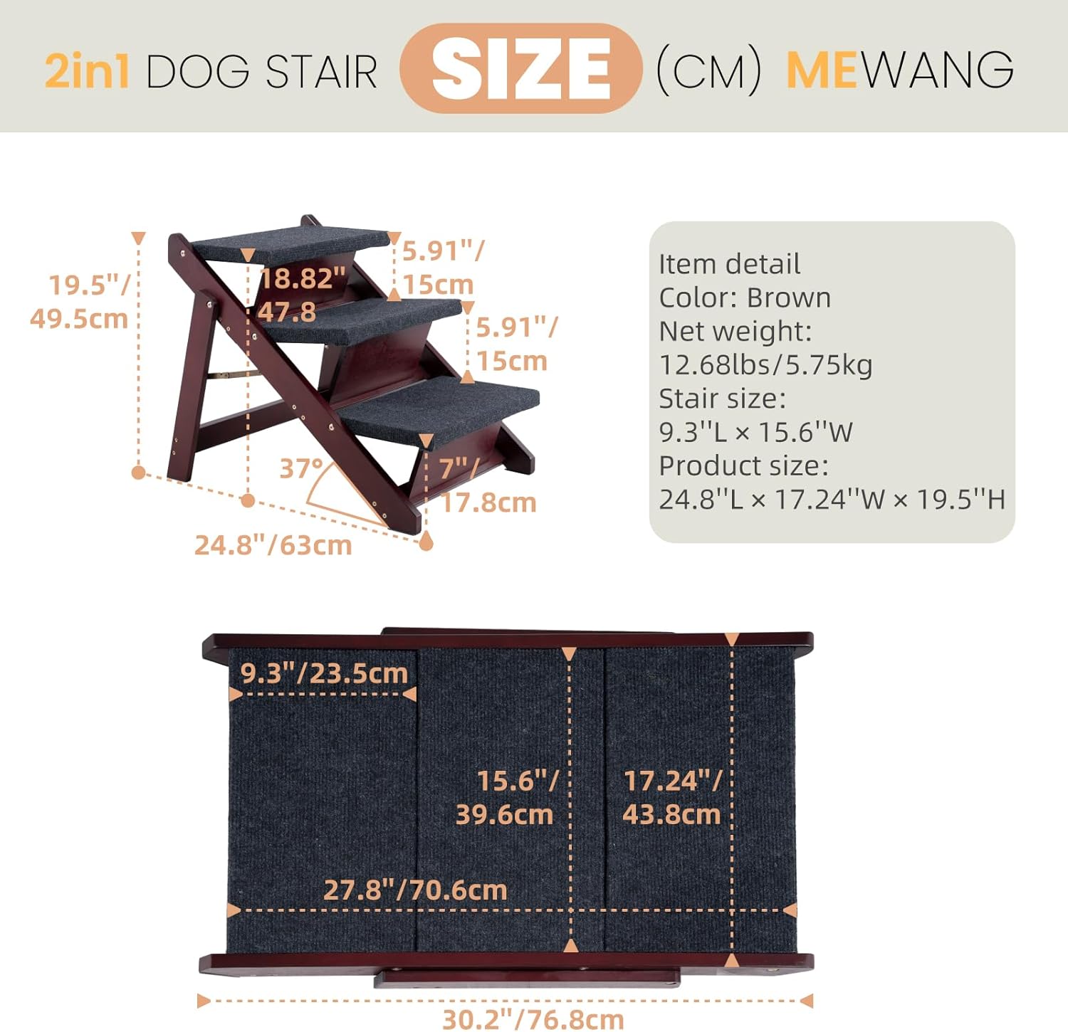MEWANG Wooden Pet Stairs/Pet Steps, Up to 220 Pounds(24.8" L x 17.2" W x 19.5" H)
