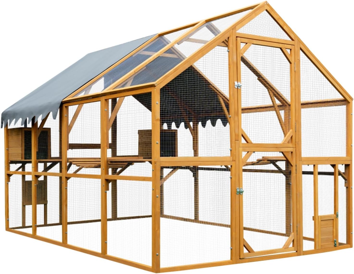 Walk-in Chicken Coop Outdoor with Waterproof Cover, 110" Large Cat Enclosure for Outdoor, Wooden Kitten Playpen with Galvanized Wire Mesh, 2 Small Doors & Safety Lock