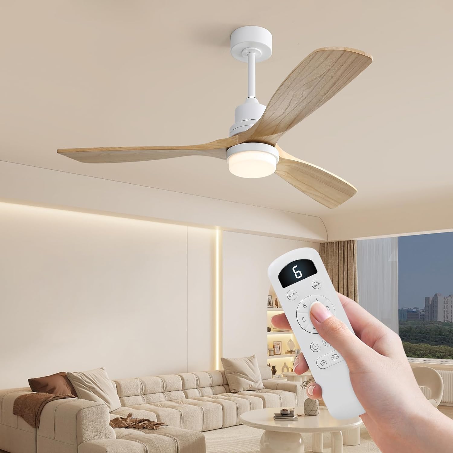 Sofucor 52 inch Solid Wood Ceiling Fan with Light, Quiet 6-Speed 3 Blades Reversible LED Ceiling Fan, Farmhouse Rustic Fan with Dimmable Light for Living Room Bedroom Home Office Cafe Patio Porch