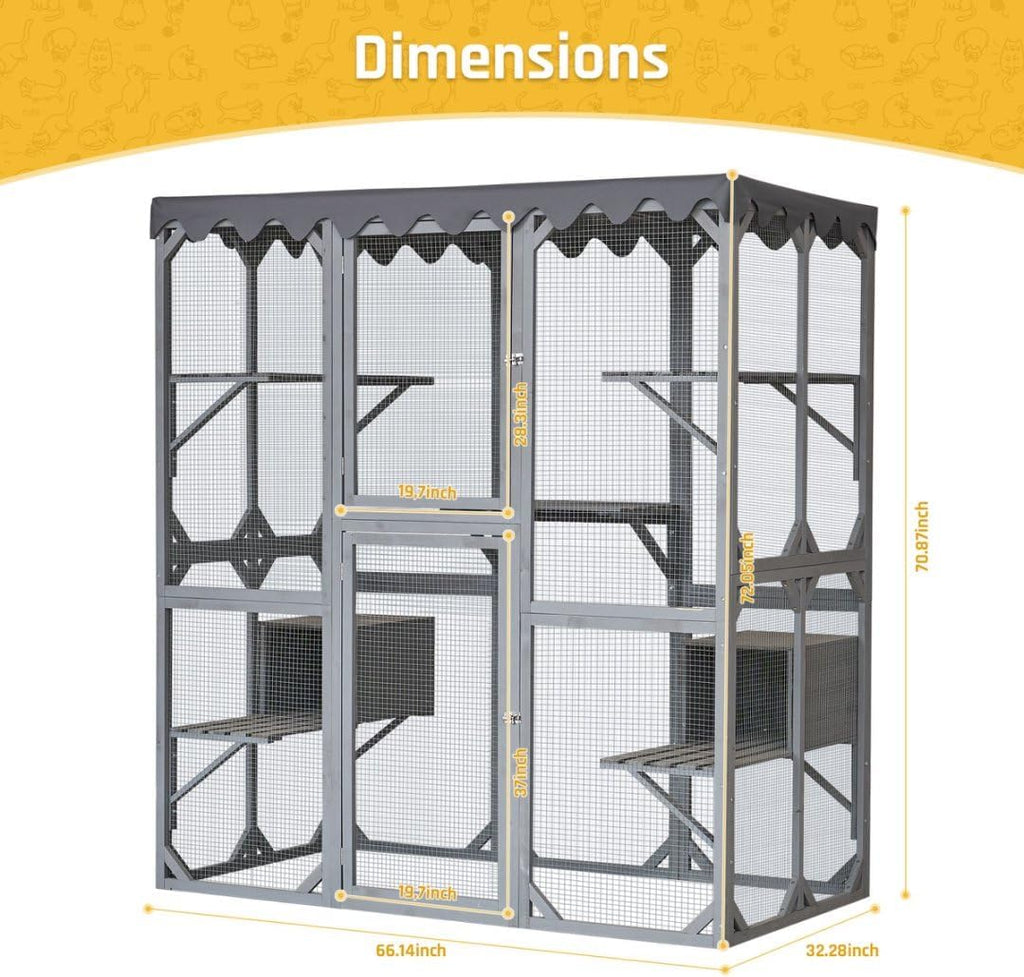 Large Catio Outdoor Cat Enclosure with Roof 71" Height Cat Wooden House Kitty Cage with 3 Jumping Platforms and 2 Napping Houses
