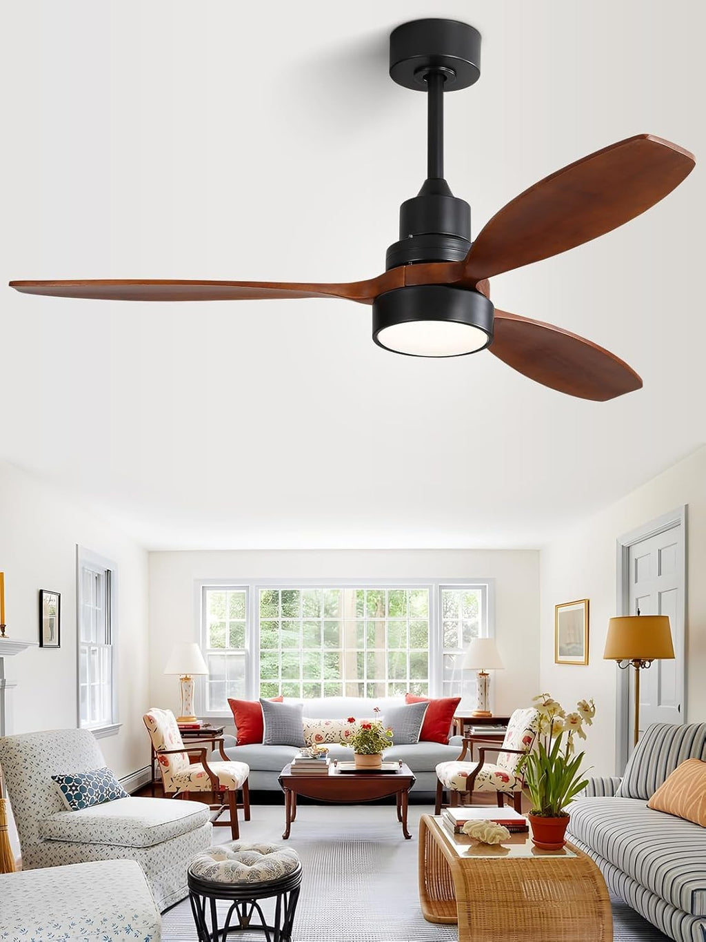 Ceiling Fan no Lights, 52 Inch Low Profile Flush Mount Modern Wood Ceiling Fan with Remote for Indoor Farmhouse Bedroom Living Room Outdoor Patio Porch, Reversible DC Motor, Noiseless
