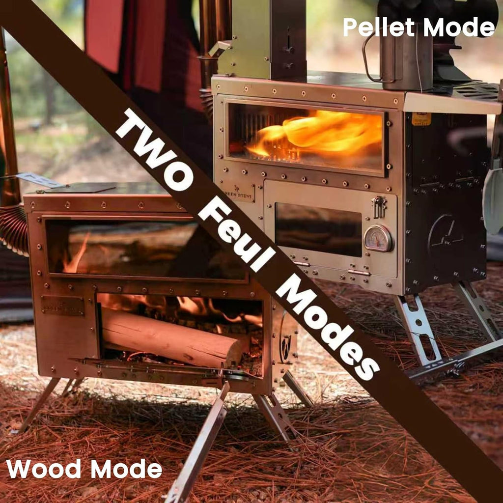 Pellet Stove with Oven, Portable Wood Burning Stove for Outdoor, Cooking, Hiking,Hot Tent Stove with Stainless Steel Construction. Chimney Pipes Included(Model: Greenstovehori 5)