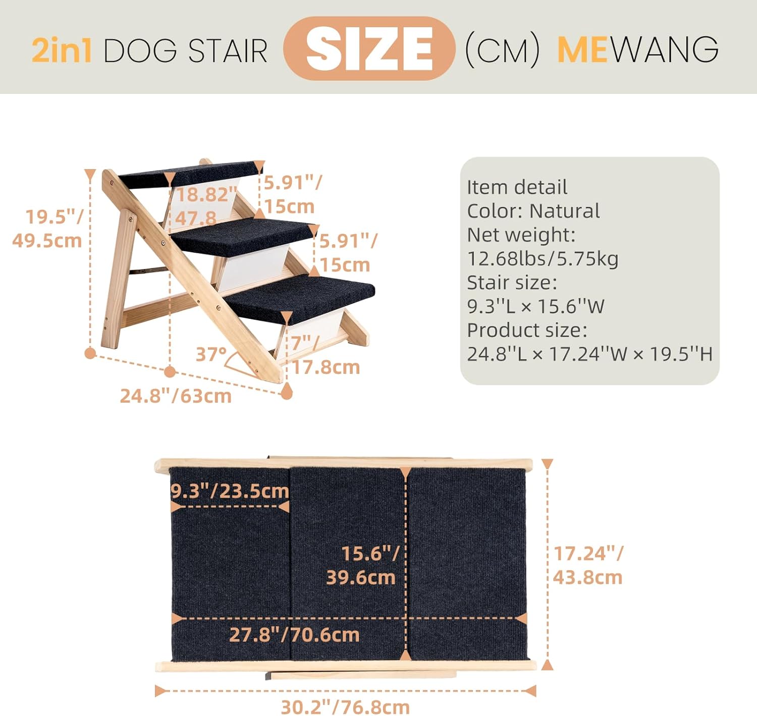 MEWANG Wood Pet Stairs & Ramp(24.8" L x 17.2" W x 19.5" H)