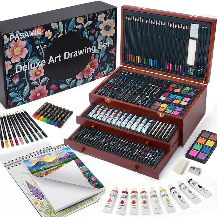 Deluxe Art Set with 2 Drawing Pads, Crayons, Acrylic Paints, Colored Pencils Set in Wooden Case, Professional Art Kit for Adults, Artist and Teens, Paint Supplies