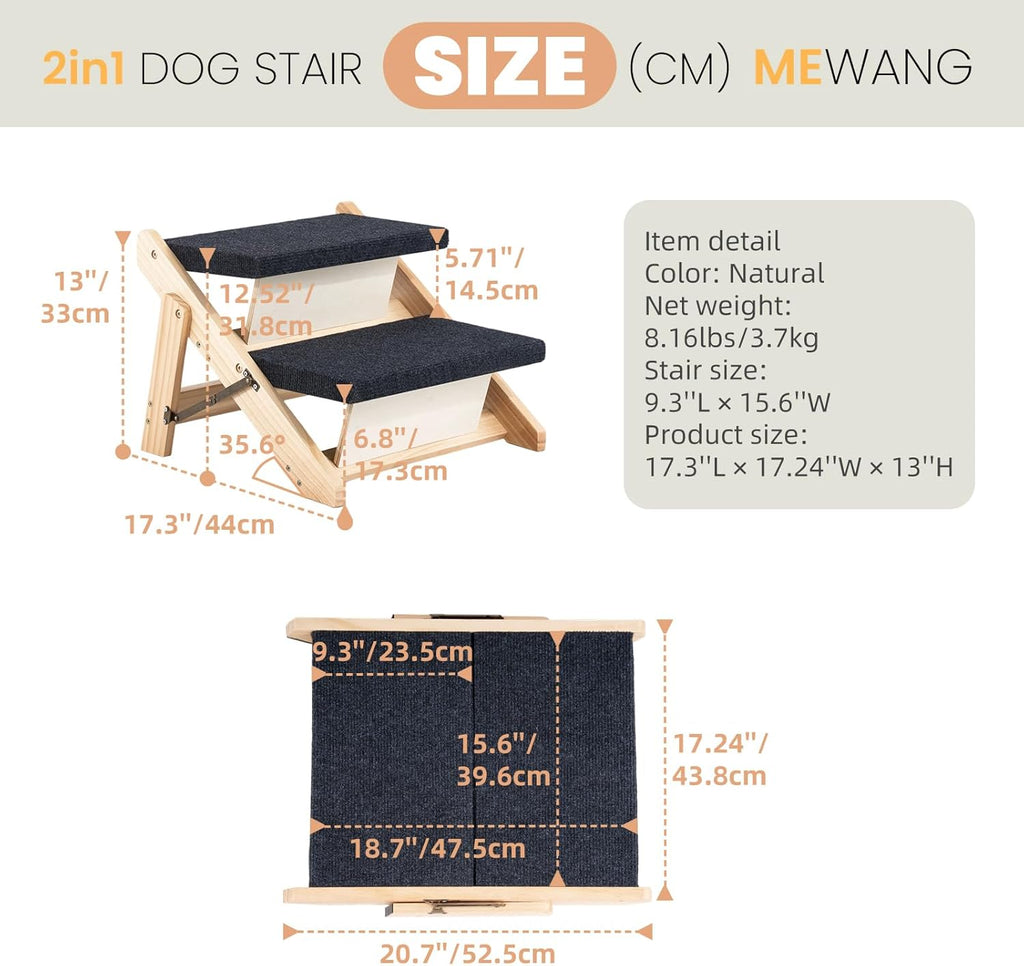 MEWANG Wood Pet Stairs & Ramp for Small/Medium Dogs and Cats(17.3" L x 17.2" W x 13.0" H)