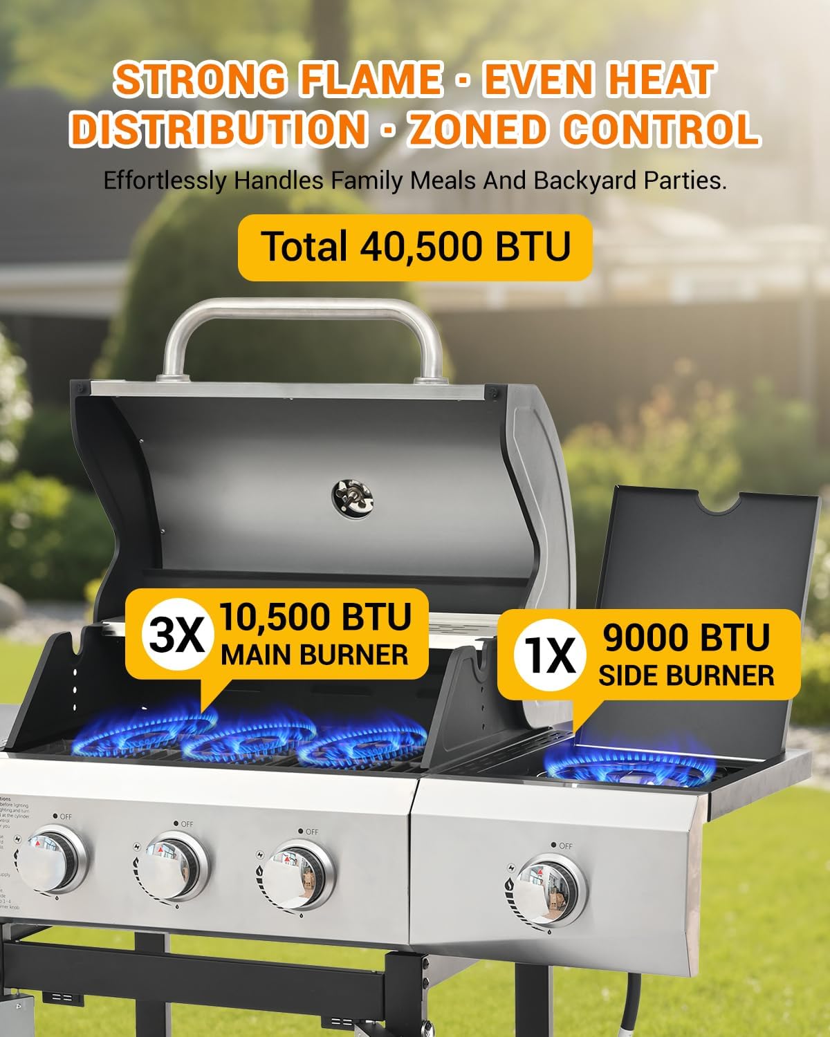 40,500 BTU 3-Burner Propane Gas Grill with Side Burner,Stainless Steel Outdoor BBQ Grill Portable with Wheels and Cast Iron Grates for Patio Garden Barbecue Cooking
