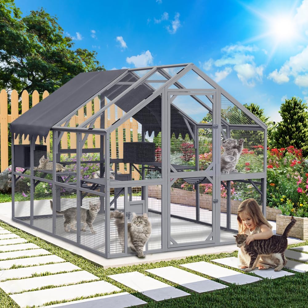 Large Outdoor Cat Enclosure with Weatherproof Roof and Multiple Levels for Cats to Play and Rest Safely in Backyard or Garden