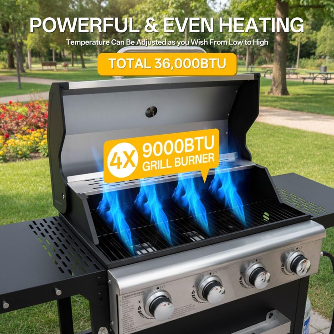 4-Burner Propane Gas Grill, 304 Stainless Steel Propane Grill 27,000 BTU, Multifunction Outdoor BBQ Grill, Patio Garden Barbecue Grill with a dust cover