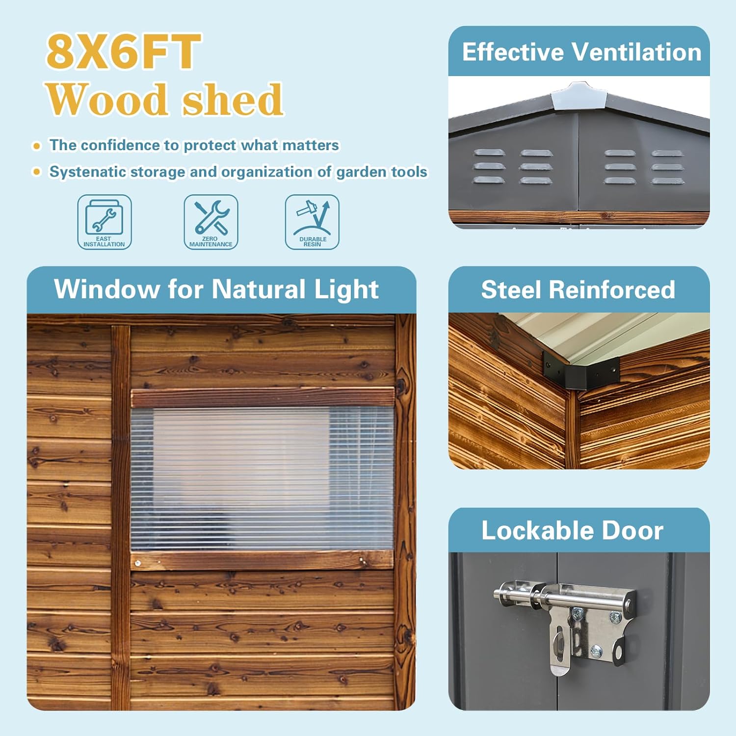 6 * 8FT Endark Wood Heavy-Duty Metal Storage Shed with Lockable Sliding Doors