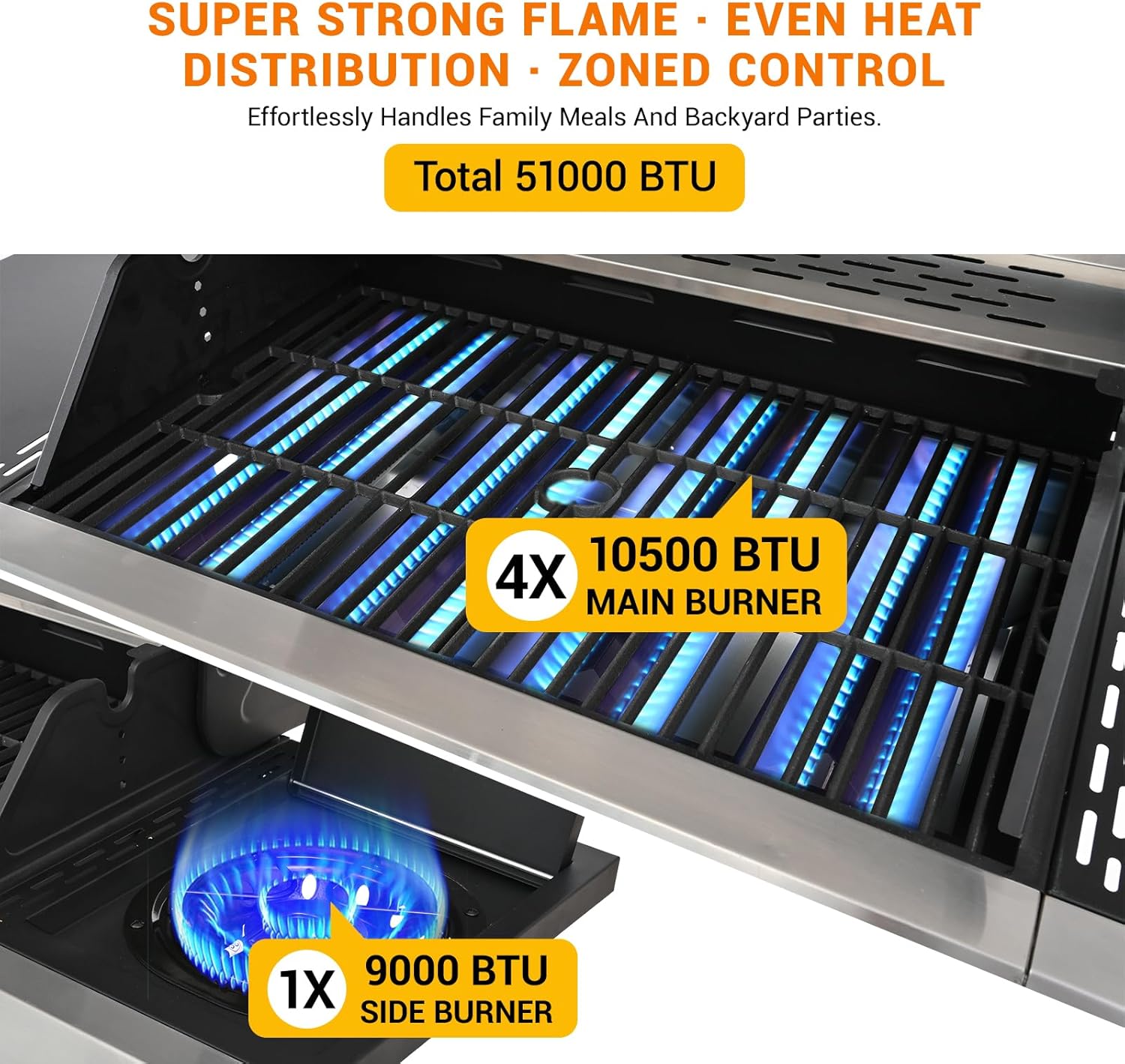 EUHOME Upgraded 51,000 BTU Stainless Steel Burner Barbecue Grill, 4 Burner BBQ Propane Gas Grill with Side Burner, 452 sq.in Cooking Area with Porcelain for Patio, Camping, Outdoor Cooking