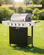 4-Burner Propane Gas BBQ Grill with Side Burner, 46,500 BTU Output Stainless Steel Barbecue Grill with Enameled Cast Iron Grates and Side Tables for Outdoor Cooking Kitchen and Patio Backyard