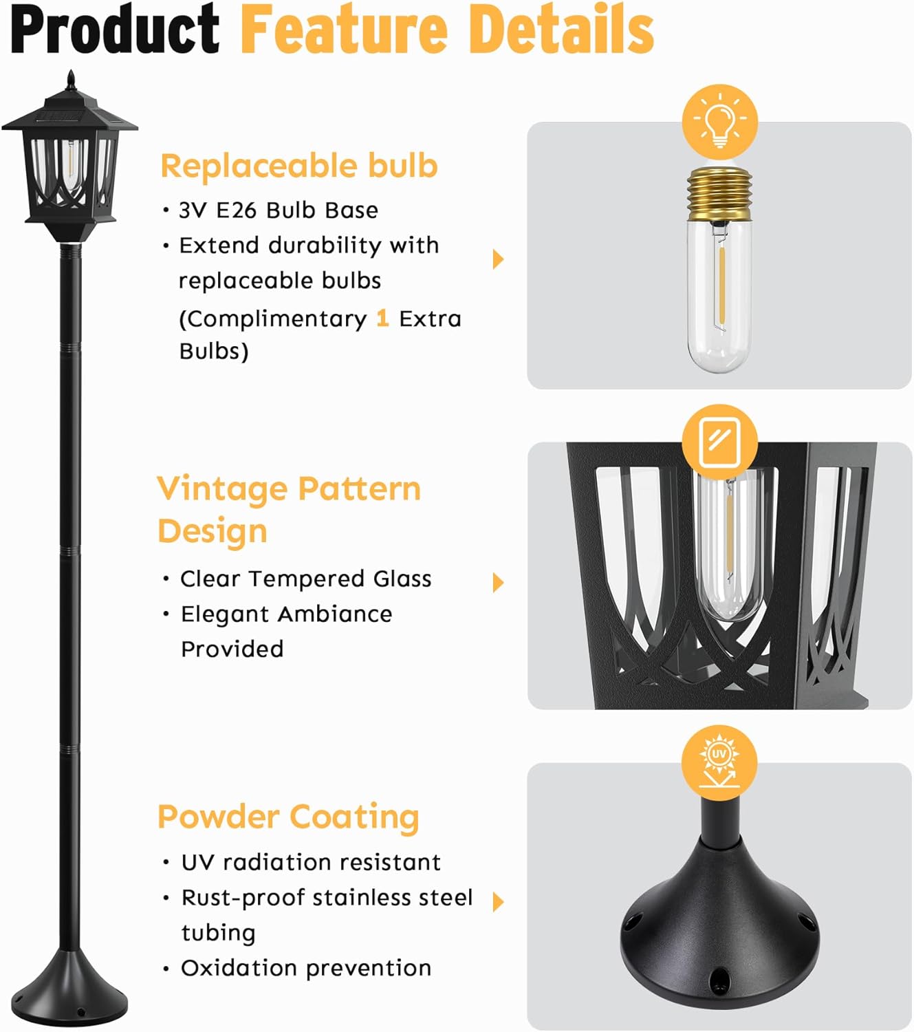 63" Solar Lamp Post Light 2 Pack, Solar Light Posts for Outside Waterproof, Outdoor Lamps for Patio, Backyard, Front Porch Decor, Warm White, Replaceable Bulb