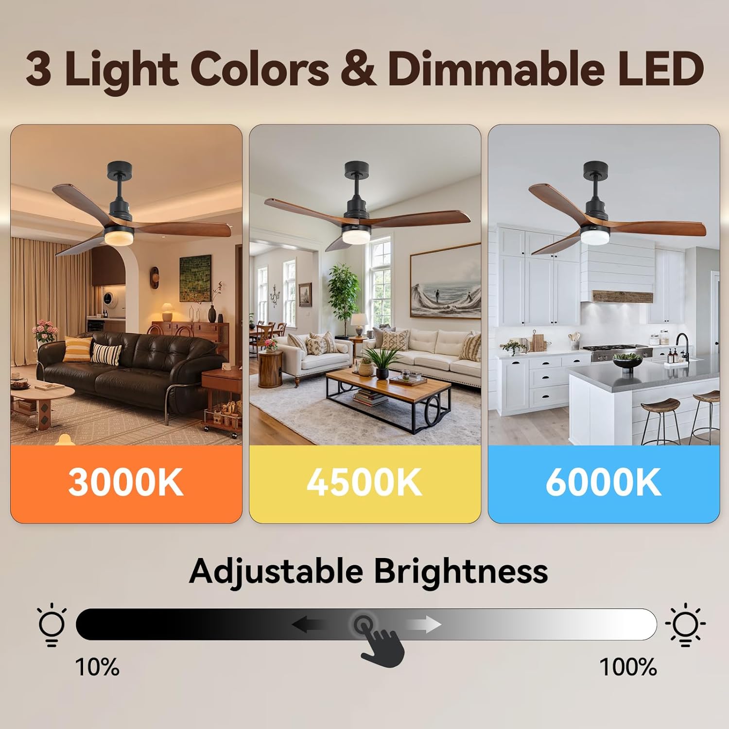 Sofucor 52 inch Solid Wood Ceiling Fan with Light, Quiet 6-Speed 3 Blades Reversible LED Ceiling Fan, Farmhouse Rustic Fan with Dimmable Light for Living Room Bedroom Home Office Cafe Patio Porch