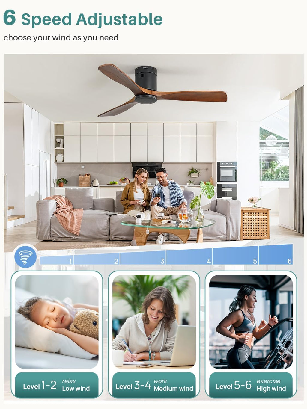 Sofucor 52 Inch Solid Wood Ceiling Fan Without Lights Flush Mount Ceiling Fan with Remote Control-Wood Blades Modern Outdoor Ceiling Fans No Light for Bedroom/Farmhouse/Patio/Indoor, Brown Black