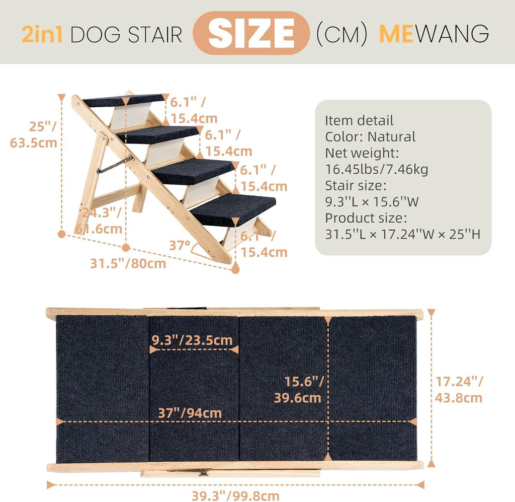MEWANG Wood Pet Stairs & Ramp for Small/Medium Dogs and Cats (31.5" L x 17.2" W x 25.0" H)