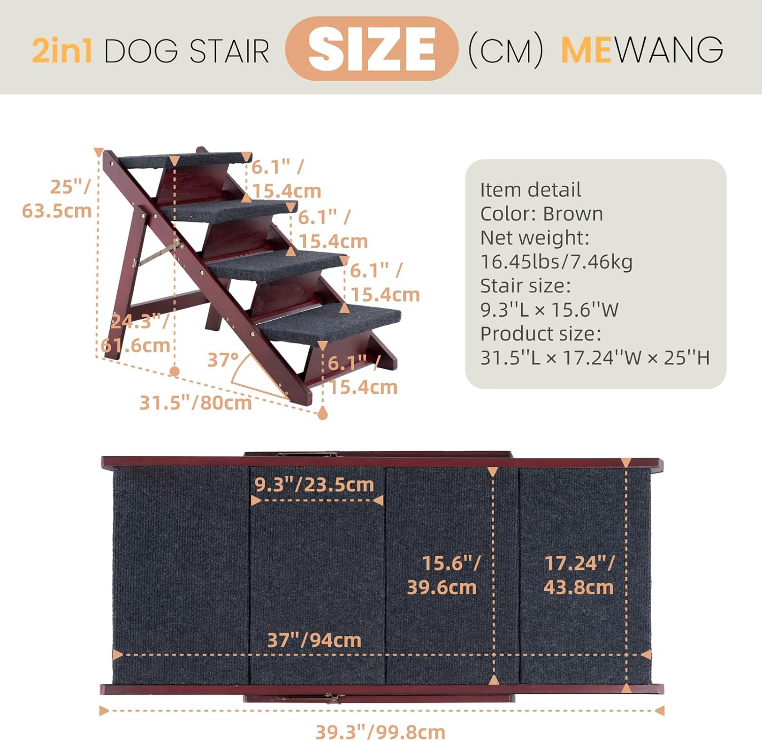 MEWANG Wooden Pet Stairs/Pet Steps (31.5" L x 17.2" W x 25.0" H)