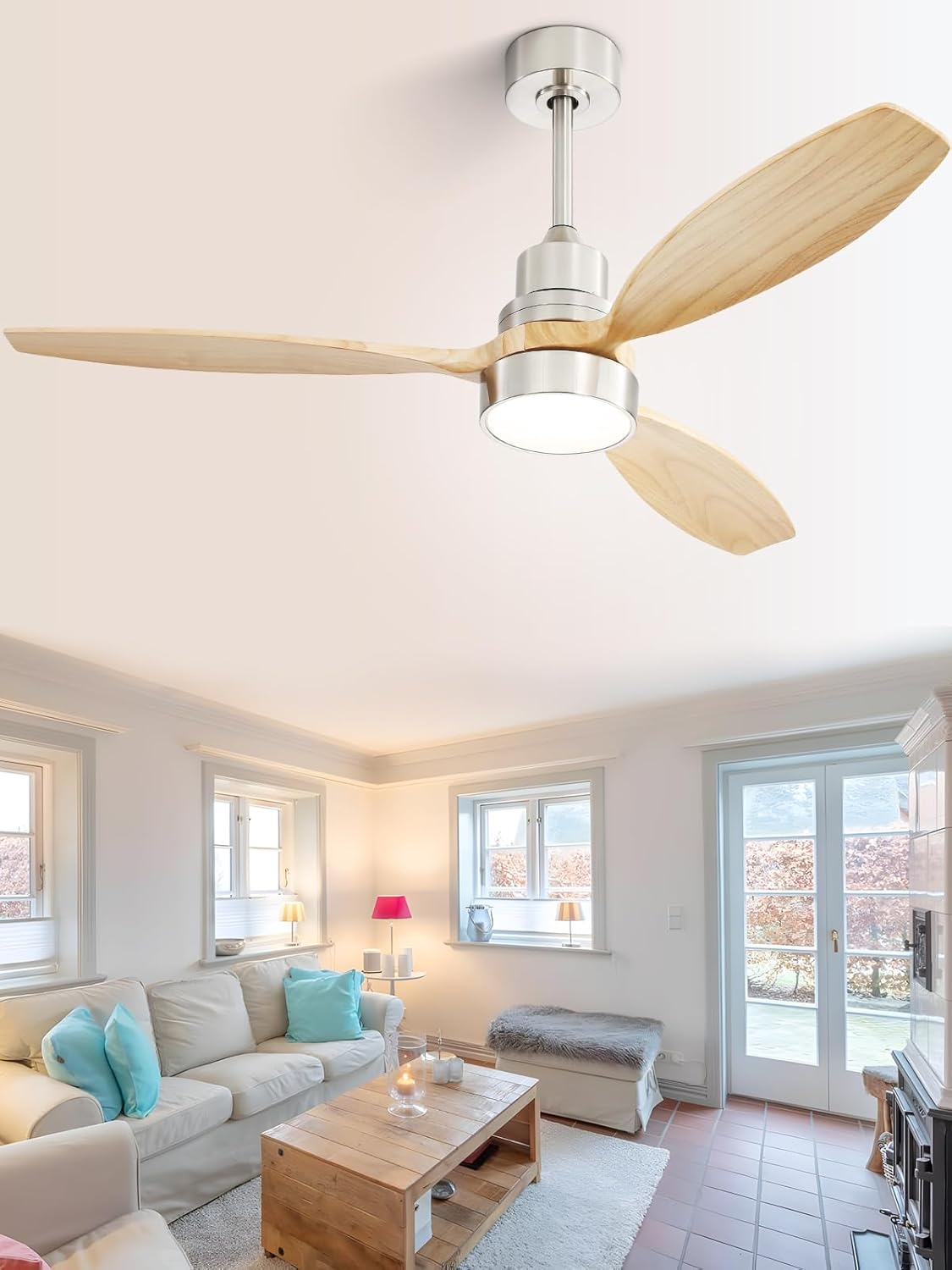 Ceiling Fan no Lights, 52 Inch Low Profile Flush Mount Modern Wood Ceiling Fan with Remote for Indoor Farmhouse Bedroom Living Room Outdoor Patio Porch, Reversible DC Motor, Noiseless