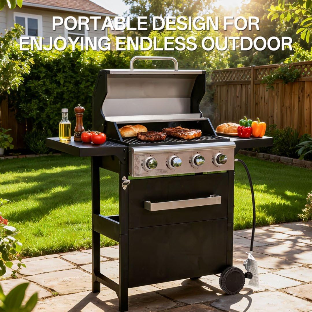 4-Burner Propane Gas Grill, 304 Stainless Steel Propane Grill 27,000 BTU, Multifunction Outdoor BBQ Grill, Patio Garden Barbecue Grill with a dust cover