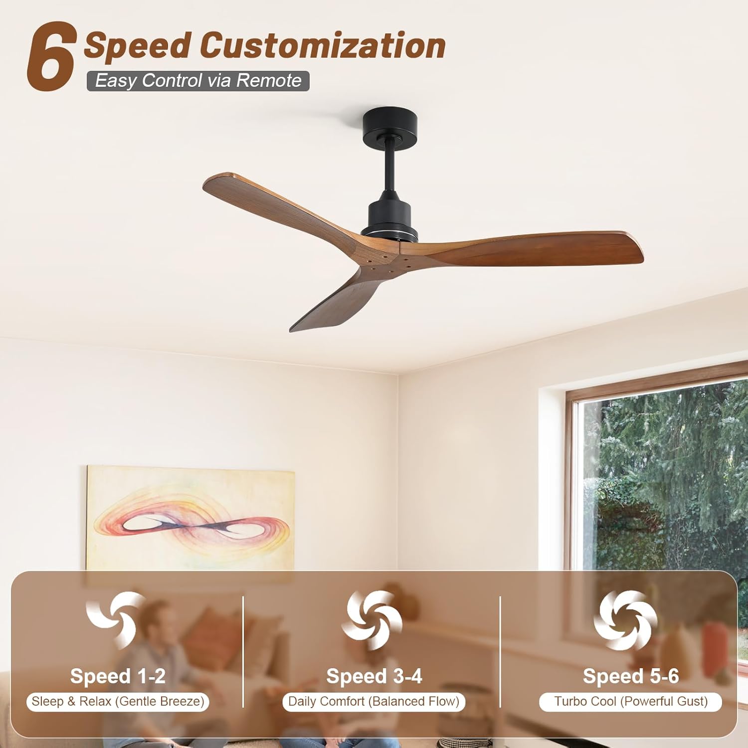 Ceiling Fan no Lights, 52 Inch Low Profile Flush Mount Modern Wood Ceiling Fan with Remote for Indoor Farmhouse Bedroom Living Room Outdoor Patio Porch, Reversible DC Motor, Noiseless