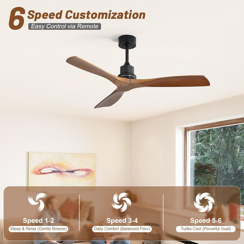 Ceiling Fan no Lights, 52 Inch Low Profile Flush Mount Modern Wood Ceiling Fan with Remote for Indoor Farmhouse Bedroom Living Room Outdoor Patio Porch, Reversible DC Motor, Noiseless