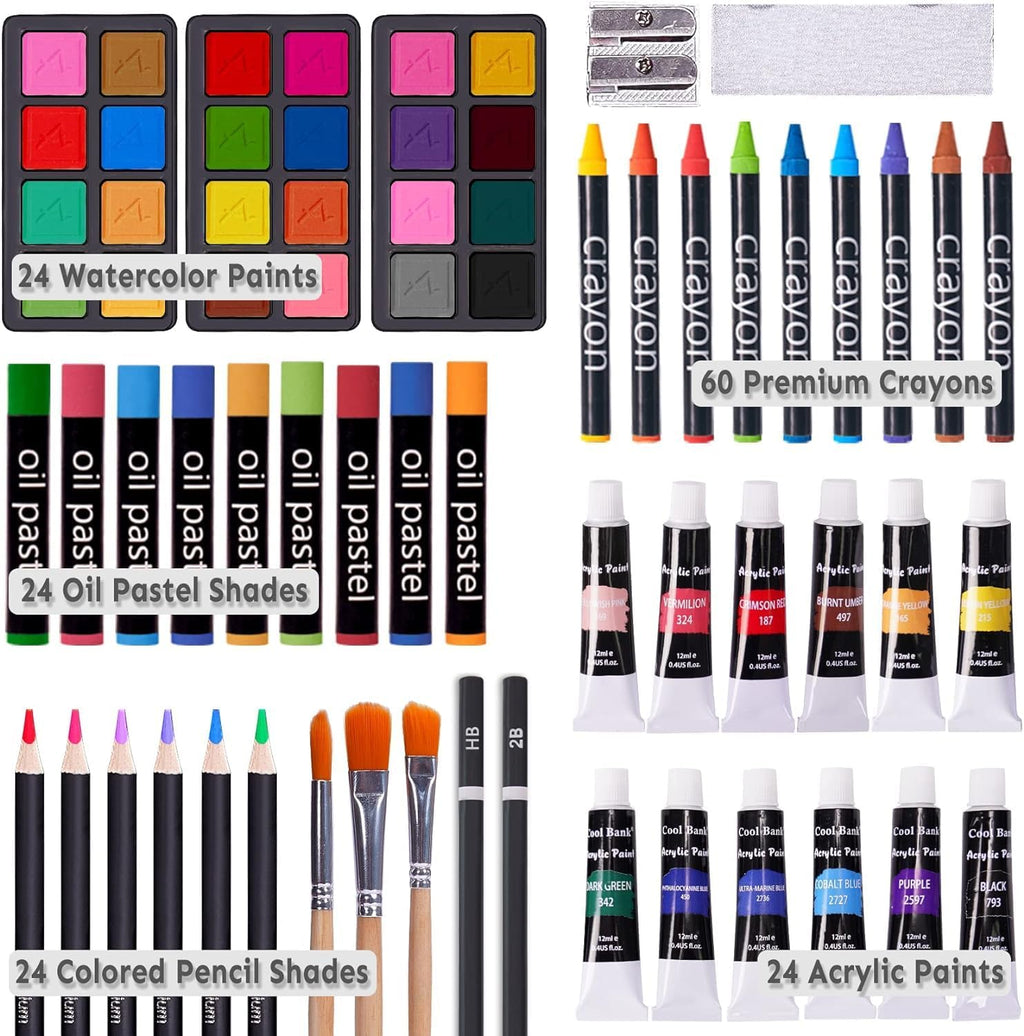 Deluxe Art Set with 2 Drawing Pads, Crayons, Acrylic Paints, Colored Pencils Set in Wooden Case, Professional Art Kit for Adults, Artist and Teens, Paint Supplies
