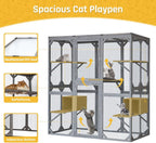 Large Catio Outdoor Cat Enclosure with Roof 71" Height Cat Wooden House Kitty Cage with 3 Jumping Platforms and 2 Napping Houses