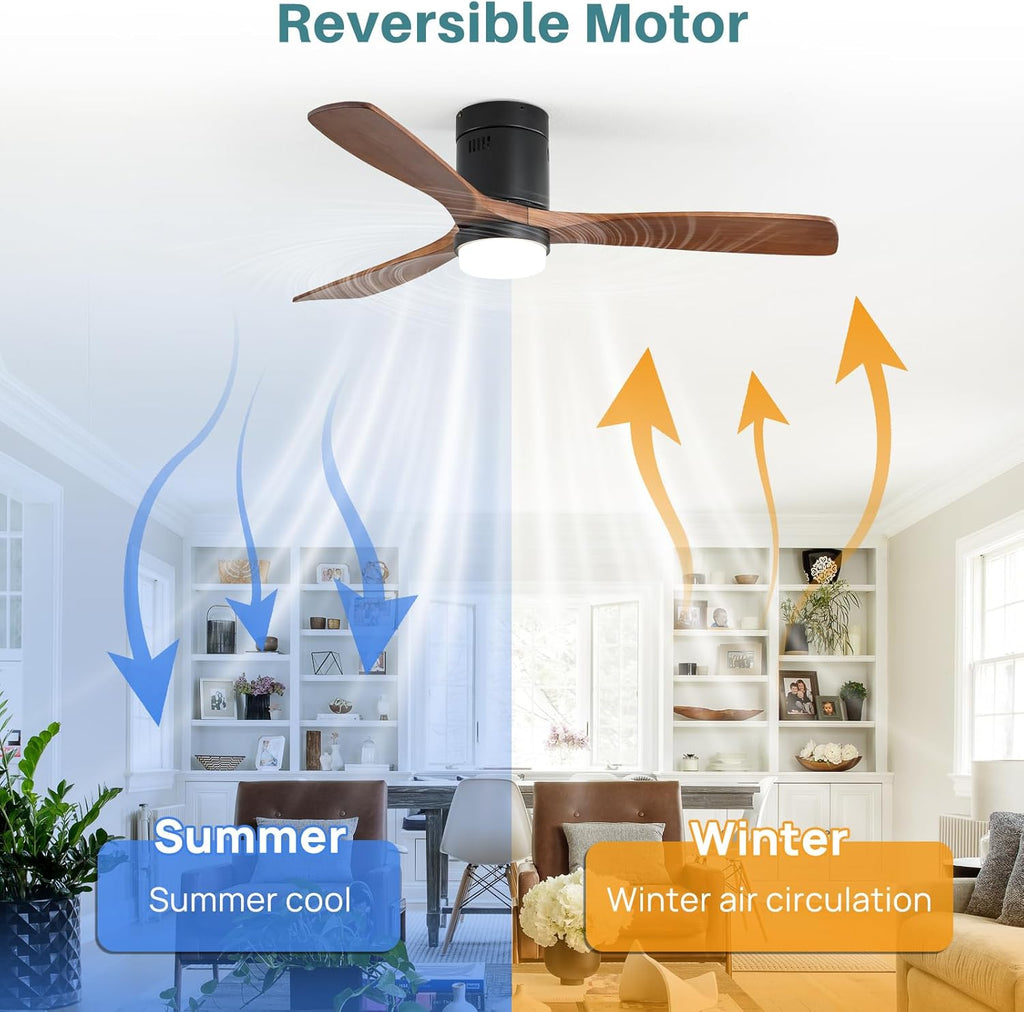 Sofucor Ceiling Fans with Lights 52 Inch Flush Mount Ceiling Fan with Remote Control, Wood Blades Modern Outdoor Ceiling Fans for Bedroom/Farmhouse/Patio/Indoor, Quiet DC Motor