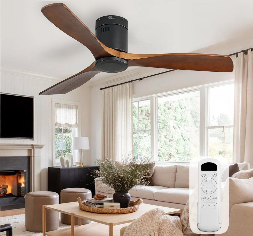 Sofucor Ceiling Fans with Lights 52 Inch Flush Mount Ceiling Fan with Remote Control, Wood Blades Modern Outdoor Ceiling Fans for Bedroom/Farmhouse/Patio/Indoor, Quiet DC Motor