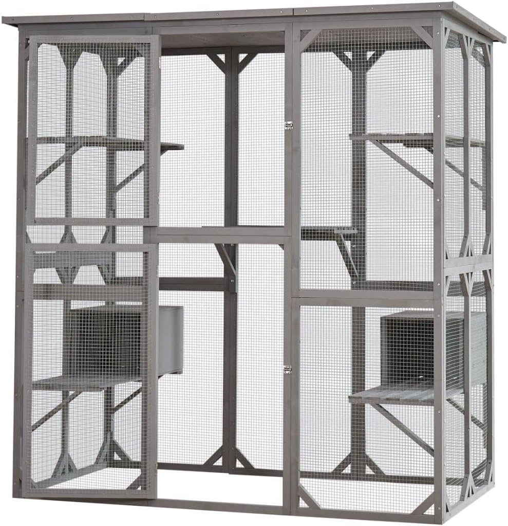 Large Catio Outdoor Cat Enclosure with Roof 71" Height Cat Wooden House Kitty Cage with 3 Jumping Platforms and 2 Napping Houses