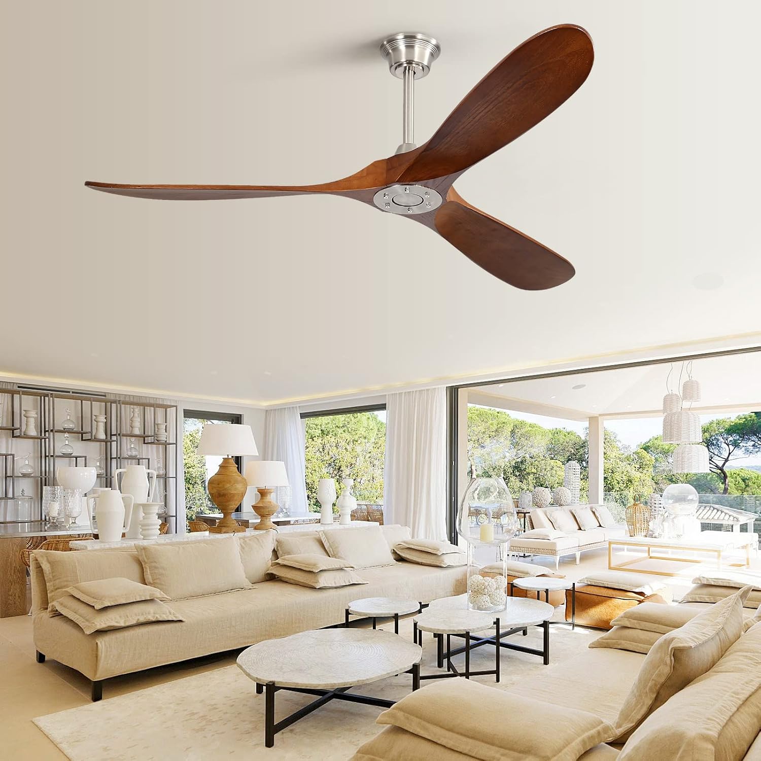 Ceiling Fan no Lights, 52 Inch Low Profile Flush Mount Modern Wood Ceiling Fan with Remote for Indoor Farmhouse Bedroom Living Room Outdoor Patio Porch, Reversible DC Motor, Noiseless