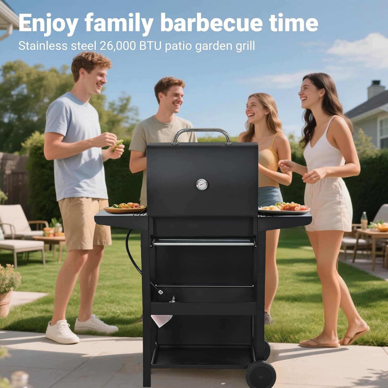 Endark Propane Gas Grill 3-Burner,26,000 BTU Stainless BBQ Grill with Porcelain-Enameled Cooking Grates,Built-In Thermometer,Includes Side Shelf and Wheels,Ideal for Backyard,Patio,Outdoor Cooking
