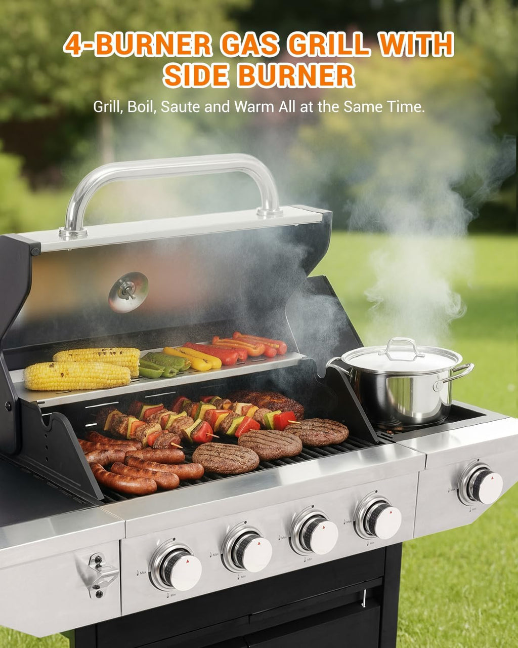 4-Burner Propane Gas BBQ Grill with Side Burner, 46,500 BTU Output Stainless Steel Barbecue Grill with Enameled Cast Iron Grates and Side Tables for Outdoor Cooking Kitchen and Patio Backyard
