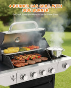 4-Burner Propane Gas BBQ Grill with Side Burner, 46,500 BTU Output Stainless Steel Barbecue Grill with Enameled Cast Iron Grates and Side Tables for Outdoor Cooking Kitchen and Patio Backyard