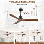 Ceiling Fan no Lights, 52 Inch Low Profile Flush Mount Modern Wood Ceiling Fan with Remote for Indoor Farmhouse Bedroom Living Room Outdoor Patio Porch, Reversible DC Motor, Noiseless