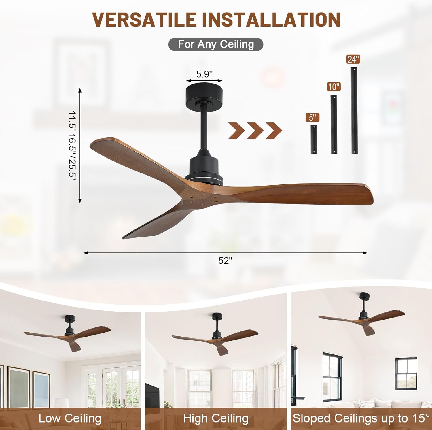 Ceiling Fan no Lights, 52 Inch Low Profile Flush Mount Modern Wood Ceiling Fan with Remote for Indoor Farmhouse Bedroom Living Room Outdoor Patio Porch, Reversible DC Motor, Noiseless