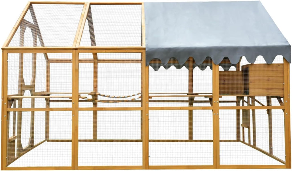 Walk-in Chicken Coop Outdoor with Waterproof Cover, 110" Large Cat Enclosure for Outdoor, Wooden Kitten Playpen with Galvanized Wire Mesh, 2 Small Doors & Safety Lock