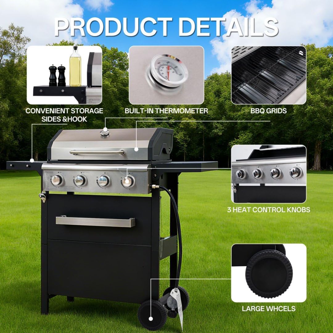 4-Burner Propane Gas Grill, 304 Stainless Steel Propane Grill 27,000 BTU, Multifunction Outdoor BBQ Grill, Patio Garden Barbecue Grill with a dust cover