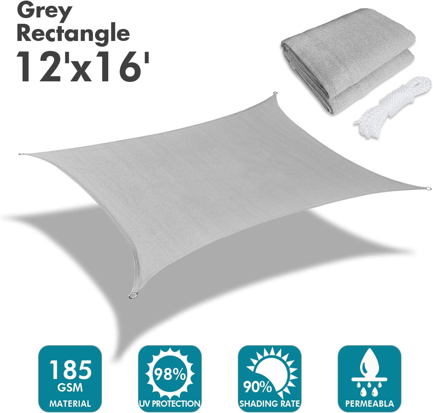 KANAGAWA Sun Shade Sail 12'x16' Gray Rectangle UV Block Canopy Awning Shelter Fabric Cloth Screen for Outdoor Patio Garden Backyard Activities