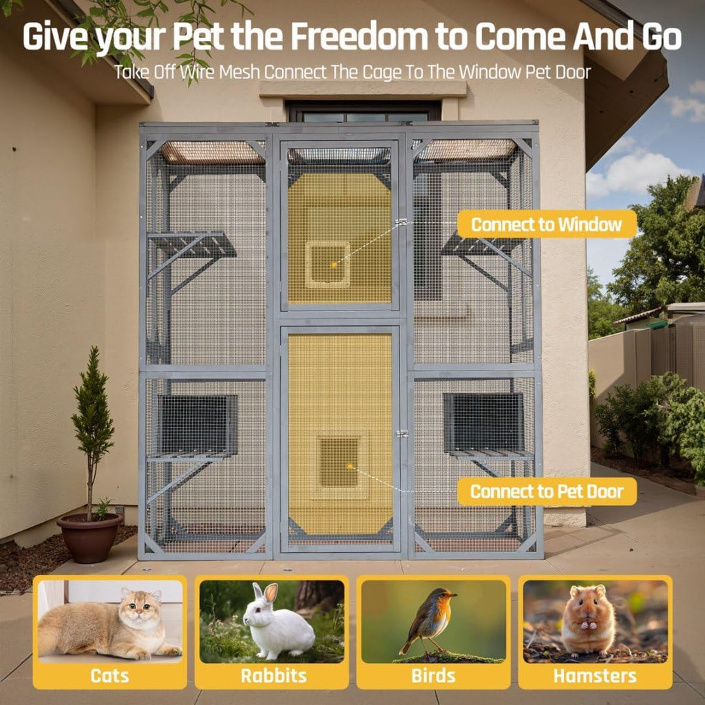 Large Catio Outdoor Cat Enclosure with Roof 71" Height Cat Wooden House Kitty Cage with 3 Jumping Platforms and 2 Napping Houses