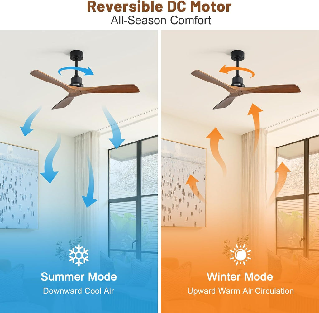 Ceiling Fan no Lights, 52 Inch Low Profile Flush Mount Modern Wood Ceiling Fan with Remote for Indoor Farmhouse Bedroom Living Room Outdoor Patio Porch, Reversible DC Motor, Noiseless