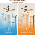 Ceiling Fan no Lights, 52 Inch Low Profile Flush Mount Modern Wood Ceiling Fan with Remote for Indoor Farmhouse Bedroom Living Room Outdoor Patio Porch, Reversible DC Motor, Noiseless