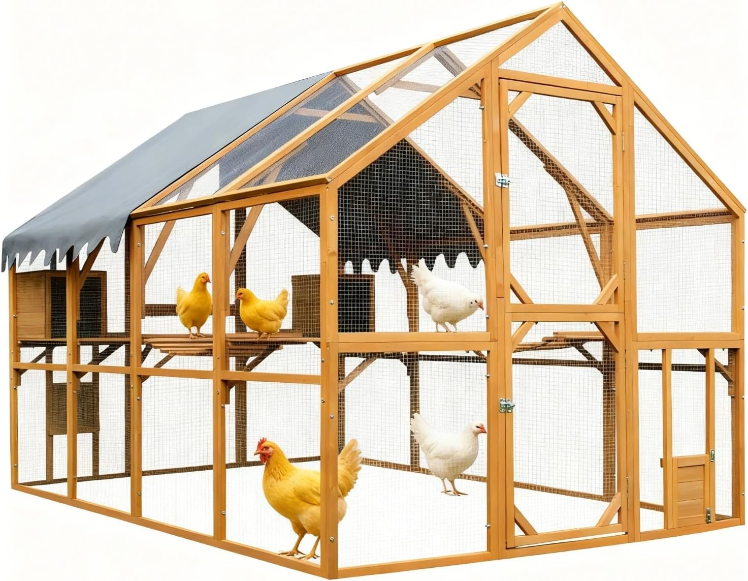 Walk-in Chicken Coop Outdoor with Waterproof Cover, 110" Large Cat Enclosure for Outdoor, Wooden Kitten Playpen with Galvanized Wire Mesh, 2 Small Doors & Safety Lock