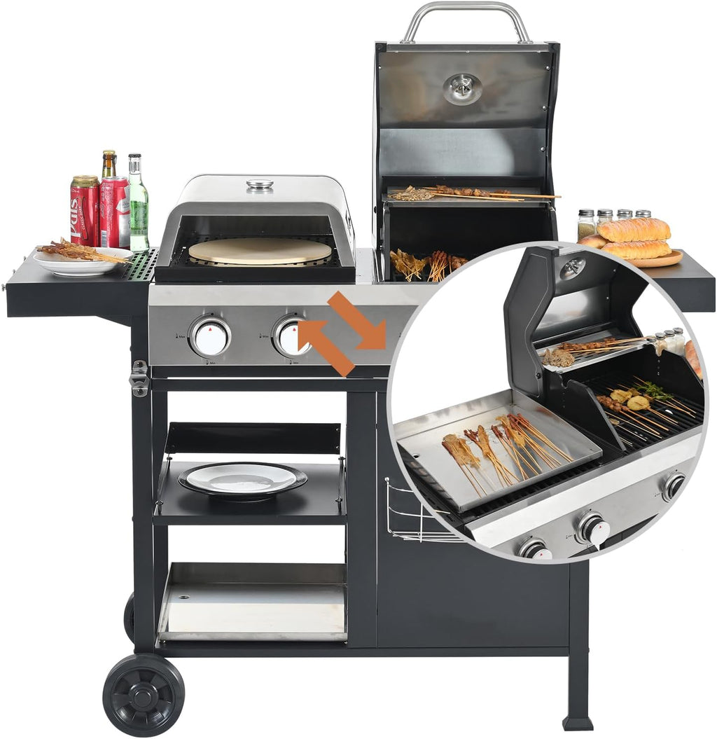 Endark 49,200 BTU 4-Burner Multi-Function Stainless Steel BBQ Grill - For Outdoor Cooking, Patio Backyard Barbecue, Camping - Griddle Combo for BBQ,FRYING and PIZZA