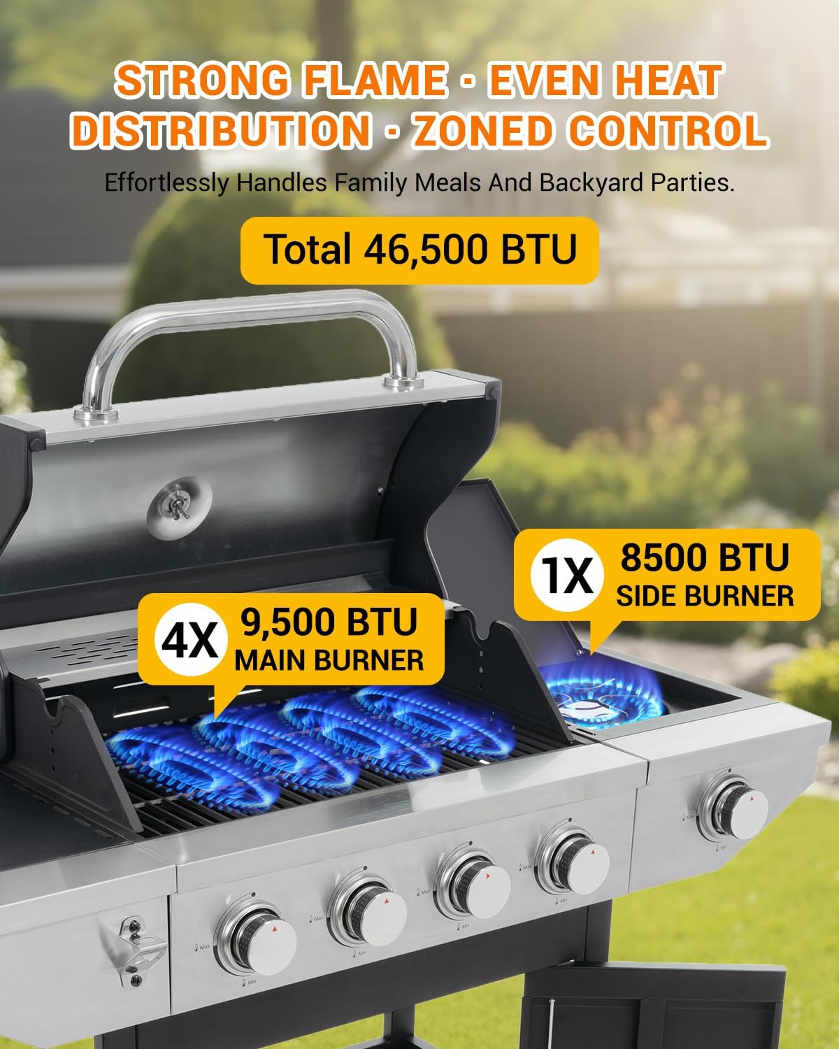 4-Burner Propane Gas BBQ Grill with Side Burner, 46,500 BTU Output Stainless Steel Barbecue Grill with Enameled Cast Iron Grates and Side Tables for Outdoor Cooking Kitchen and Patio Backyard